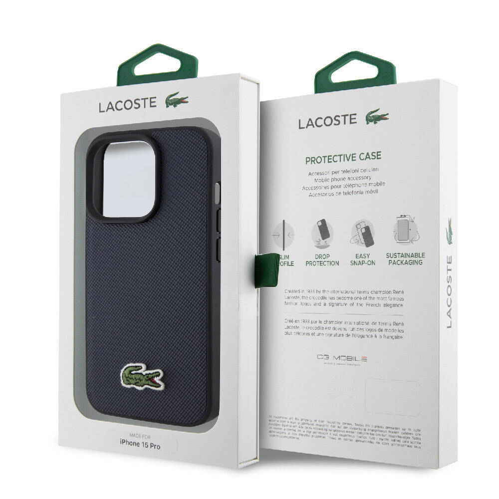 iPhone 15 Pro Kılıf Lacoste orijinal Lisanslı PU Pike Desenli Arka Yüzey İkonik Timsah Dokuma Logolu Kılıf