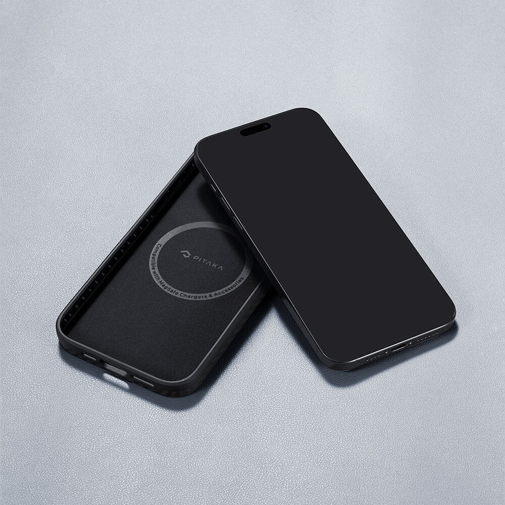 iPhone 15 Pro Kılıf M-safe Şarj Özellikli 1500D Aramid Karbon Fiber Pitaka Military-Grade Classic Serisi Black-Grey Twill Kılıf
