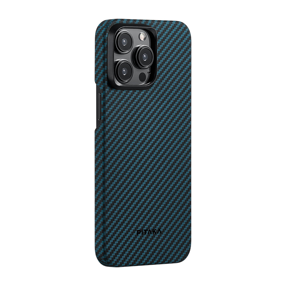 iPhone 15 Pro Kılıf M-safe Şarj Özellikli 1500D Aramid Karbon Fiber Pitaka Ultra-Slim Classic Serisi Black-Blue Twill Kılıf
