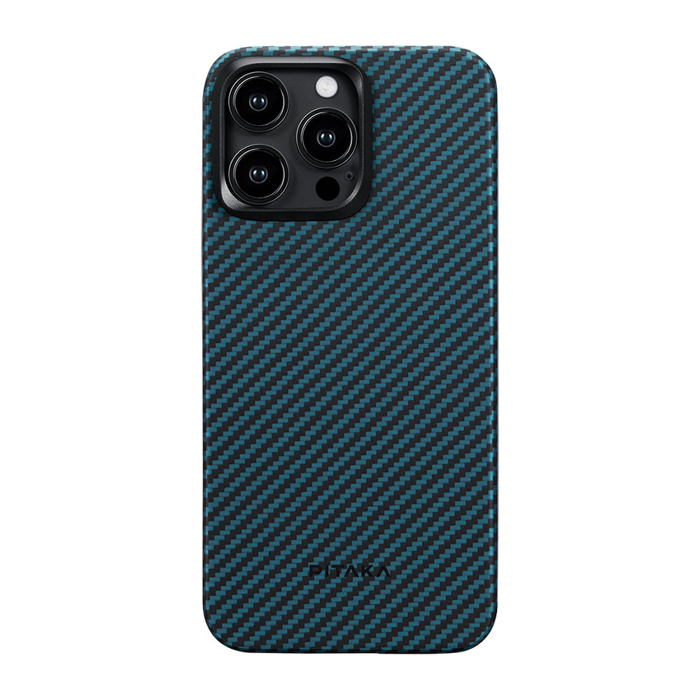 iPhone 15 Pro Kılıf M-safe Şarj Özellikli 1500D Aramid Karbon Fiber Pitaka Ultra-Slim Classic Serisi Black-Blue Twill Kılıf