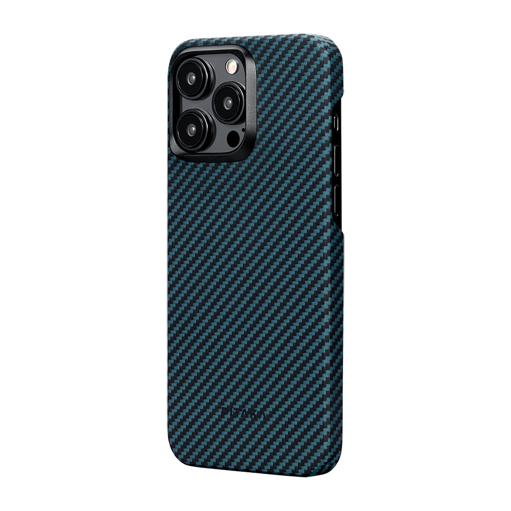 iPhone 15 Pro Kılıf M-safe Şarj Özellikli 1500D Aramid Karbon Fiber Pitaka Ultra-Slim Classic Serisi Black-Blue Twill Kılıf