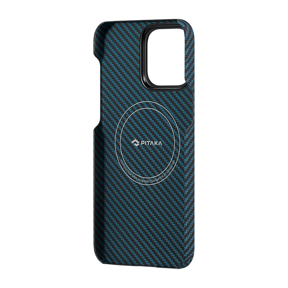iPhone 15 Pro Kılıf M-safe Şarj Özellikli 1500D Aramid Karbon Fiber Pitaka Ultra-Slim Classic Serisi Black-Blue Twill Kılıf