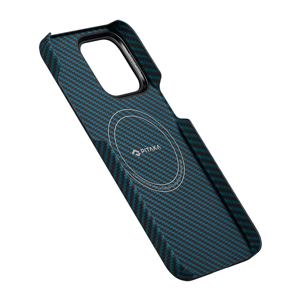 iPhone 15 Pro Kılıf M-safe Şarj Özellikli 1500D Aramid Karbon Fiber Pitaka Ultra-Slim Classic Serisi Black-Blue Twill Kılıf