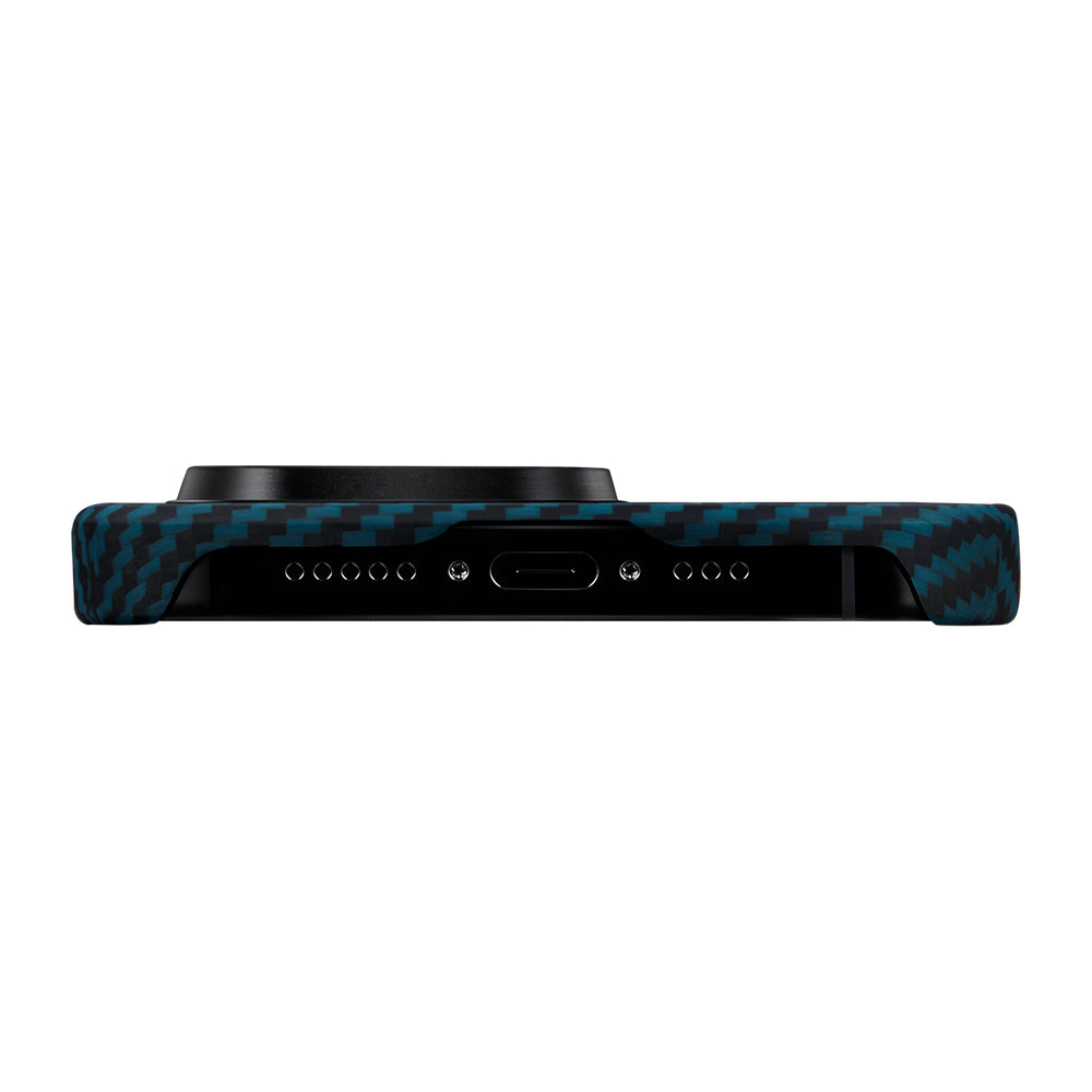 iPhone 15 Pro Kılıf M-safe Şarj Özellikli 1500D Aramid Karbon Fiber Pitaka Ultra-Slim Classic Serisi Black-Blue Twill Kılıf
