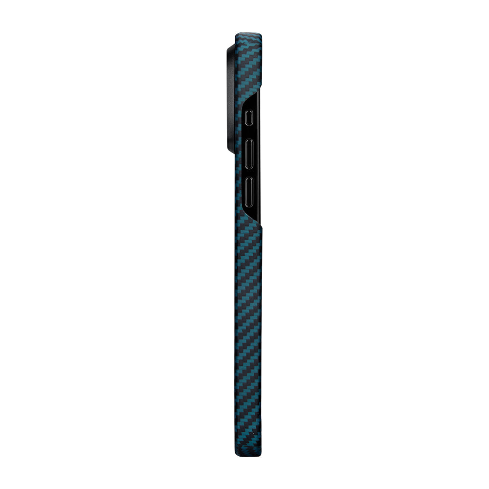 iPhone 15 Pro Kılıf M-safe Şarj Özellikli 1500D Aramid Karbon Fiber Pitaka Ultra-Slim Classic Serisi Black-Blue Twill Kılıf
