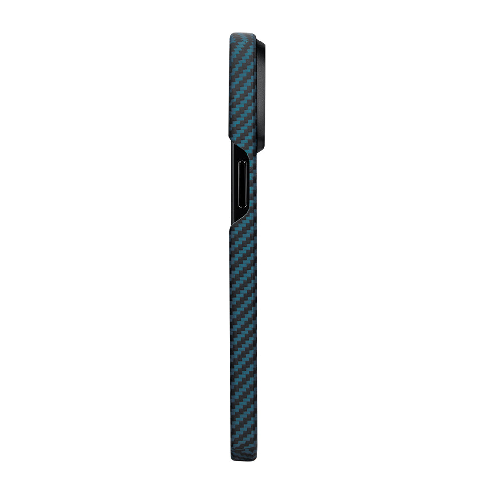 iPhone 15 Pro Kılıf M-safe Şarj Özellikli 1500D Aramid Karbon Fiber Pitaka Ultra-Slim Classic Serisi Black-Blue Twill Kılıf