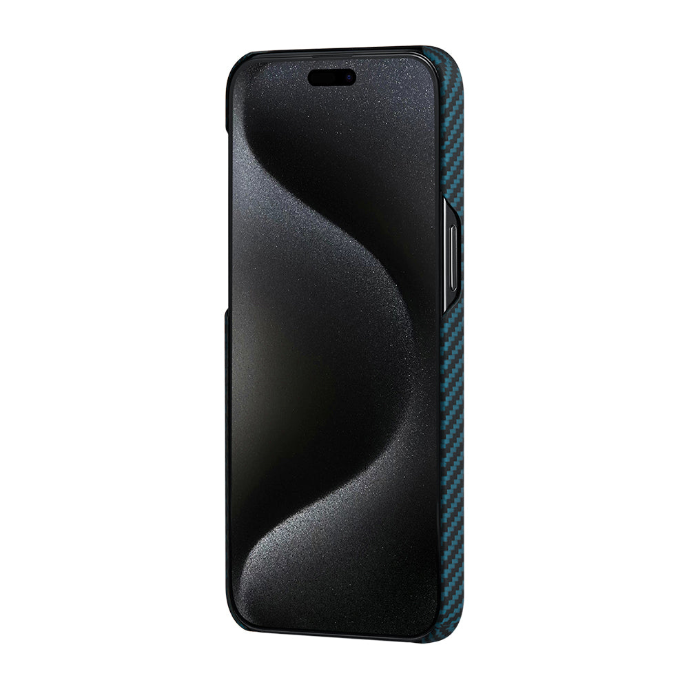iPhone 15 Pro Kılıf M-safe Şarj Özellikli 1500D Aramid Karbon Fiber Pitaka Ultra-Slim Classic Serisi Black-Blue Twill Kılıf