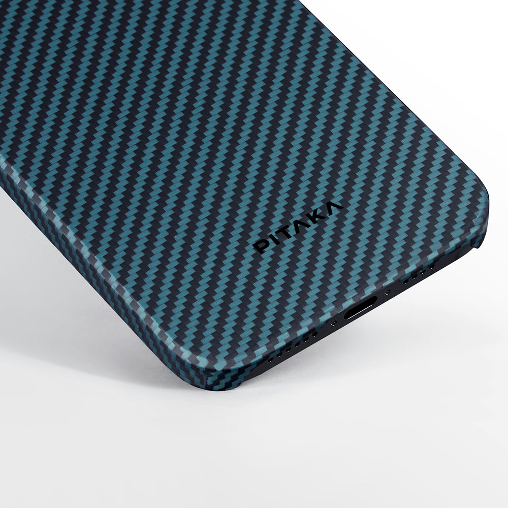 iPhone 15 Pro Kılıf M-safe Şarj Özellikli 1500D Aramid Karbon Fiber Pitaka Ultra-Slim Classic Serisi Black-Blue Twill Kılıf