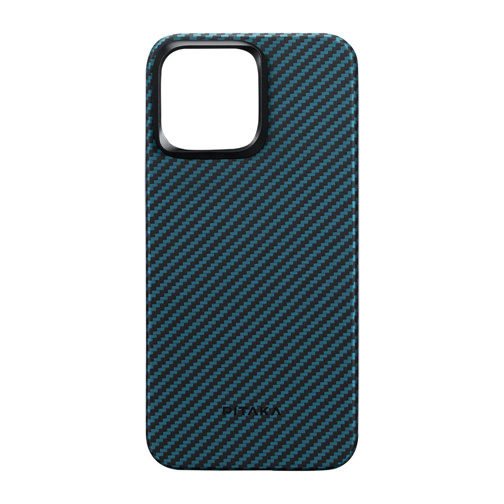 iPhone 15 Pro Kılıf M-safe Şarj Özellikli 1500D Aramid Fiber Pitaka Ultra-Slim Classic Serisi Black-Blue Twill Kılıf