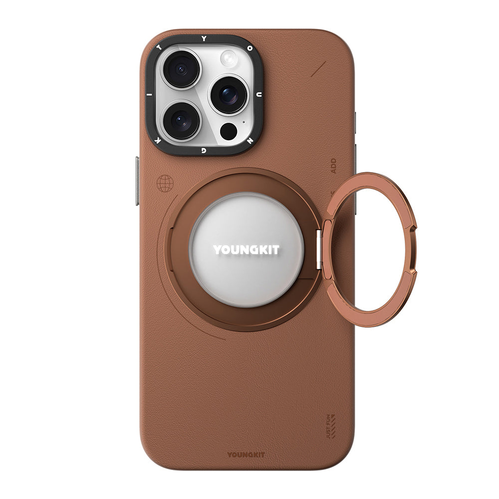 iPhone 15 Pro Kılıf M-safe Şarj Özellikli 360° Standlı Basit Mat Deri Desenli Youngkit Tech Leather Serisi Kılıf