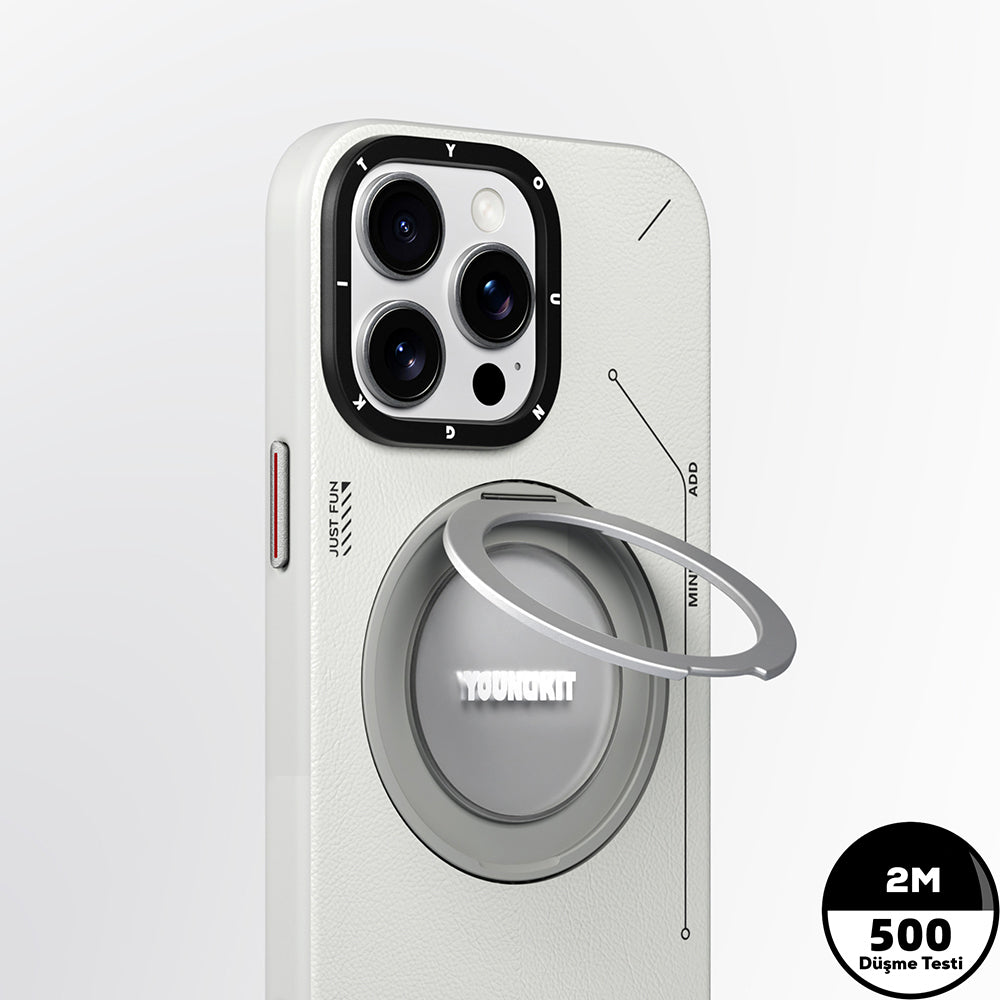 iPhone 15 Pro Kılıf M-safe Şarj Özellikli 360° Standlı Basit Mat Deri Desenli Youngkit Tech Leather Serisi Kılıf