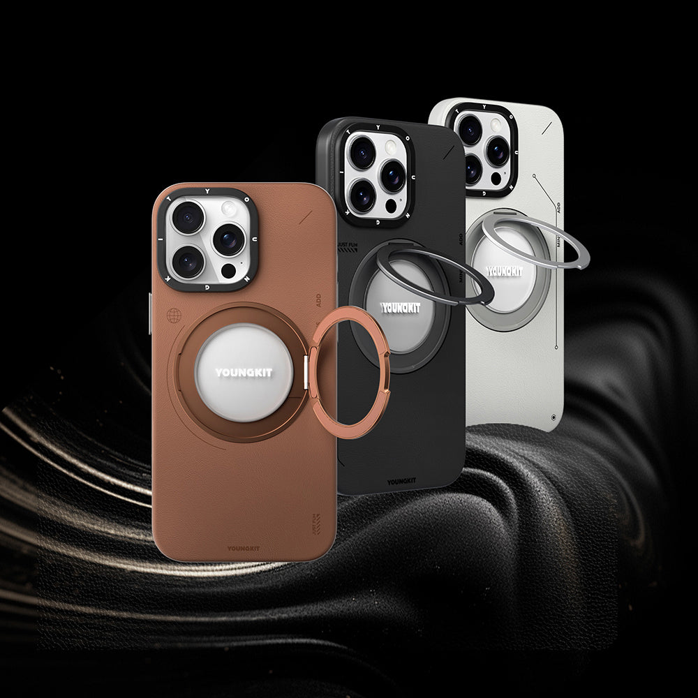 iPhone 15 Pro Kılıf M-safe Şarj Özellikli 360° Standlı Basit Mat Deri Desenli Youngkit Tech Leather Serisi Kılıf