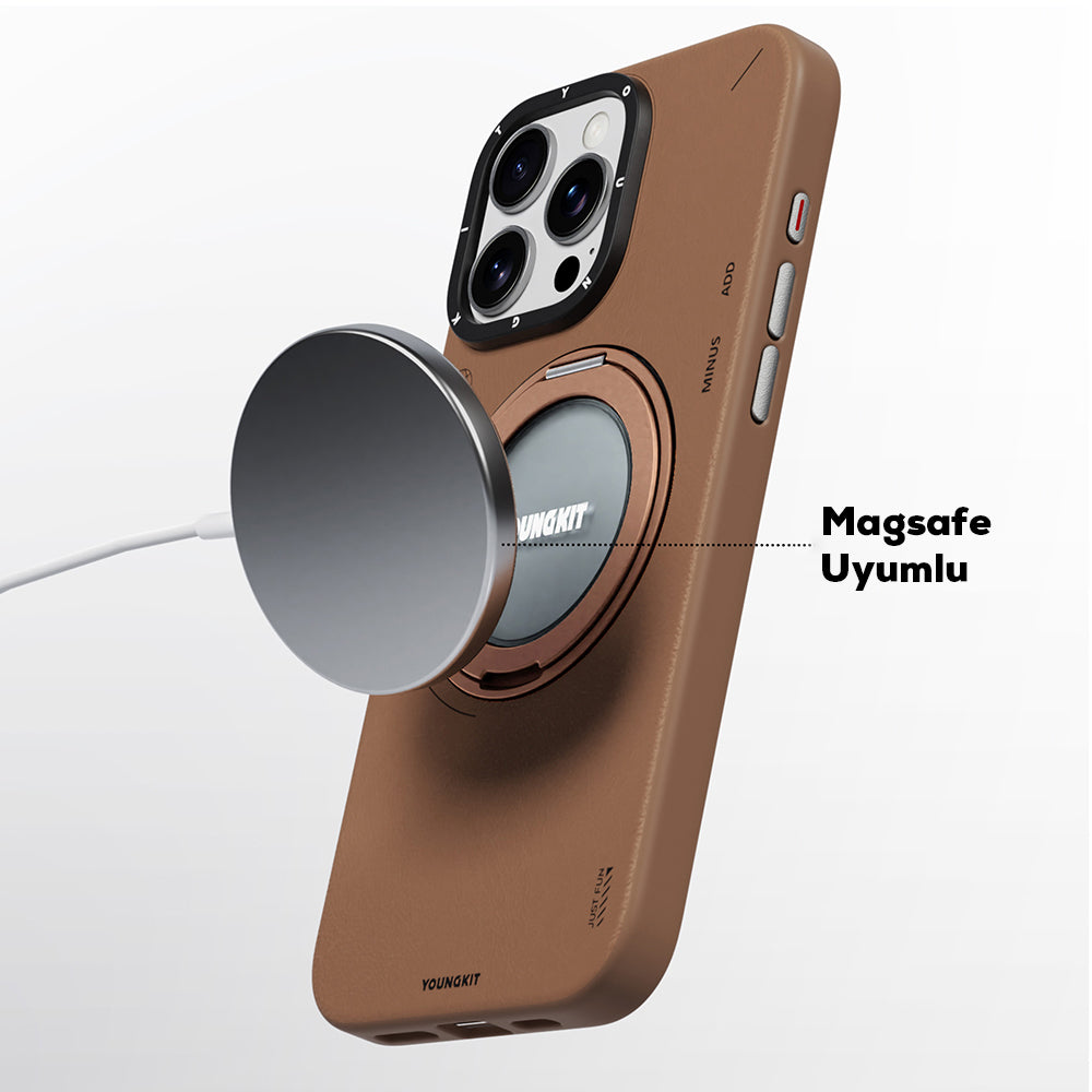 iPhone 15 Pro Kılıf M-safe Şarj Özellikli 360° Standlı Basit Mat Deri Desenli Youngkit Tech Leather Serisi Kılıf
