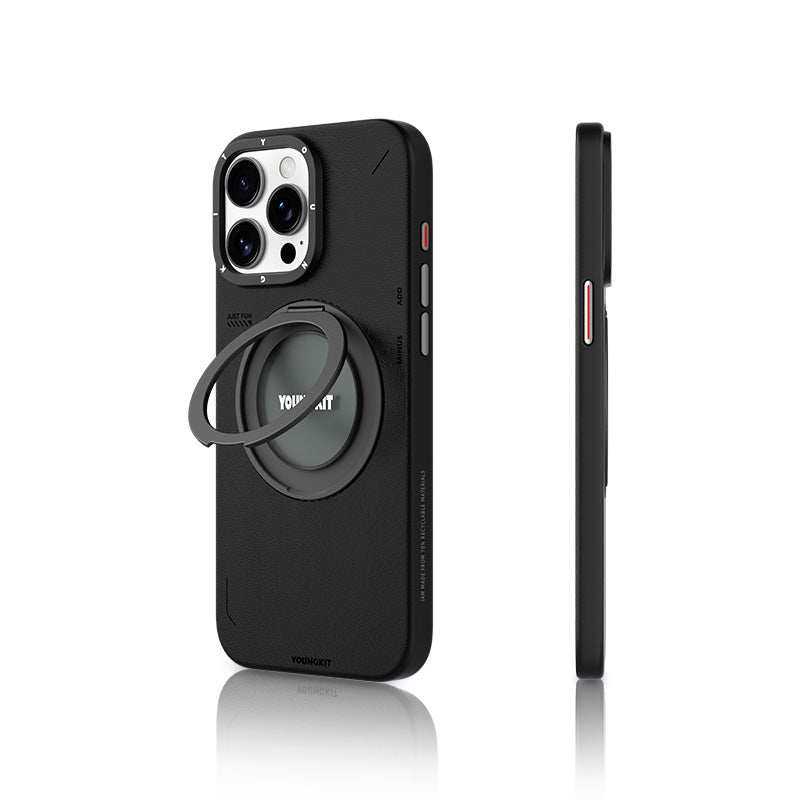 iPhone 15 Pro Kılıf M-safe Şarj Özellikli 360° Standlı Basit Mat Deri Desenli Youngkit Tech Leather Serisi Kılıf
