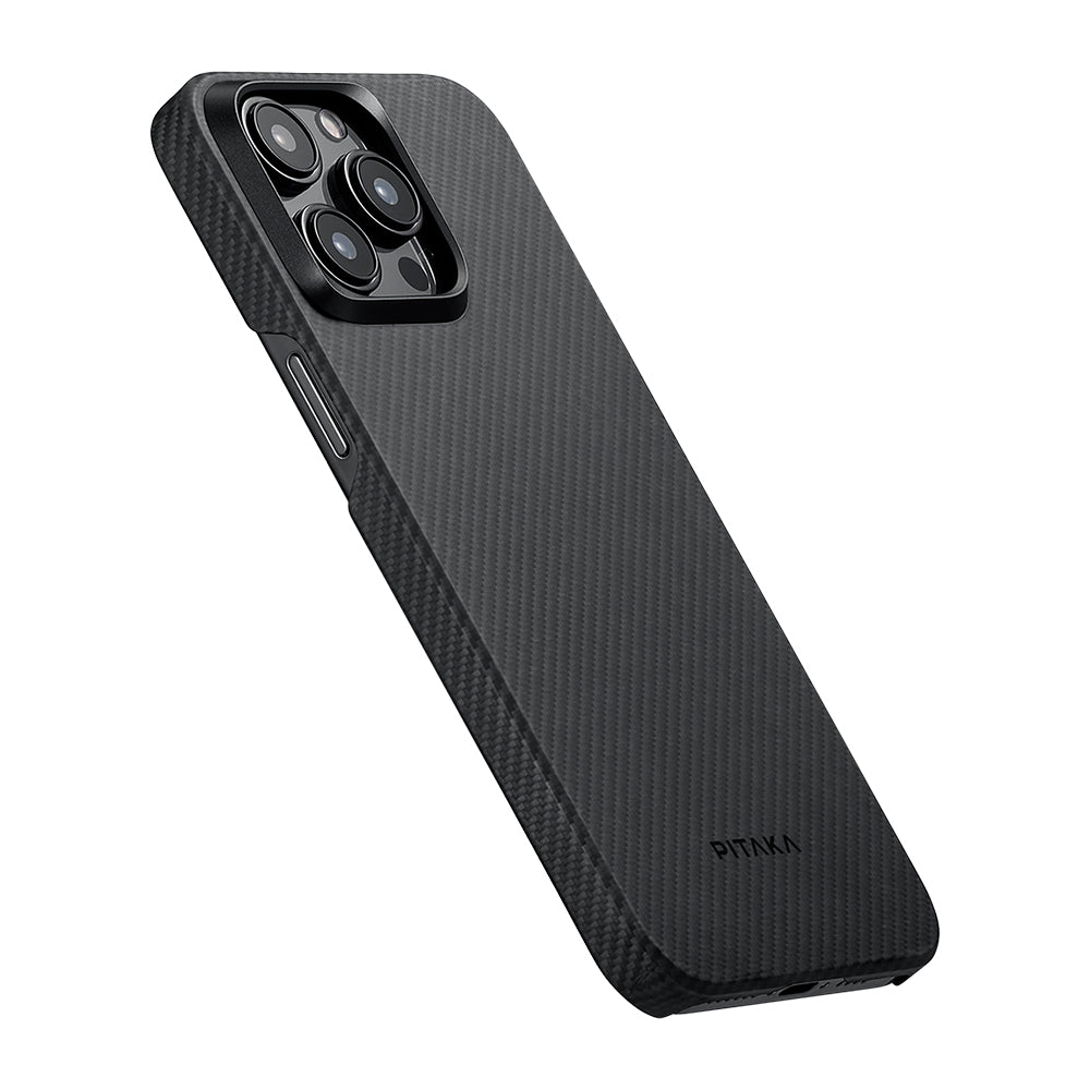 iPhone 15 Pro Kılıf M-safe Şarj Özellikli 600D Aramid Karbon Fiber Pitaka Ultra-Slim Classic Serisi Black-Grey Twill Kılıf