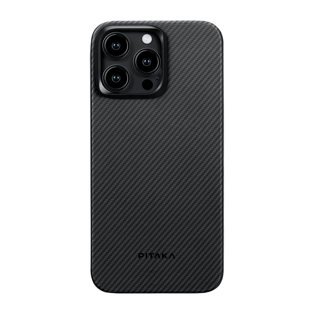 iPhone 15 Pro Kılıf M-safe Şarj Özellikli 600D Aramid Fiber Pitaka Ultra-Slim Classic Serisi Black-Grey Twill Kılıf