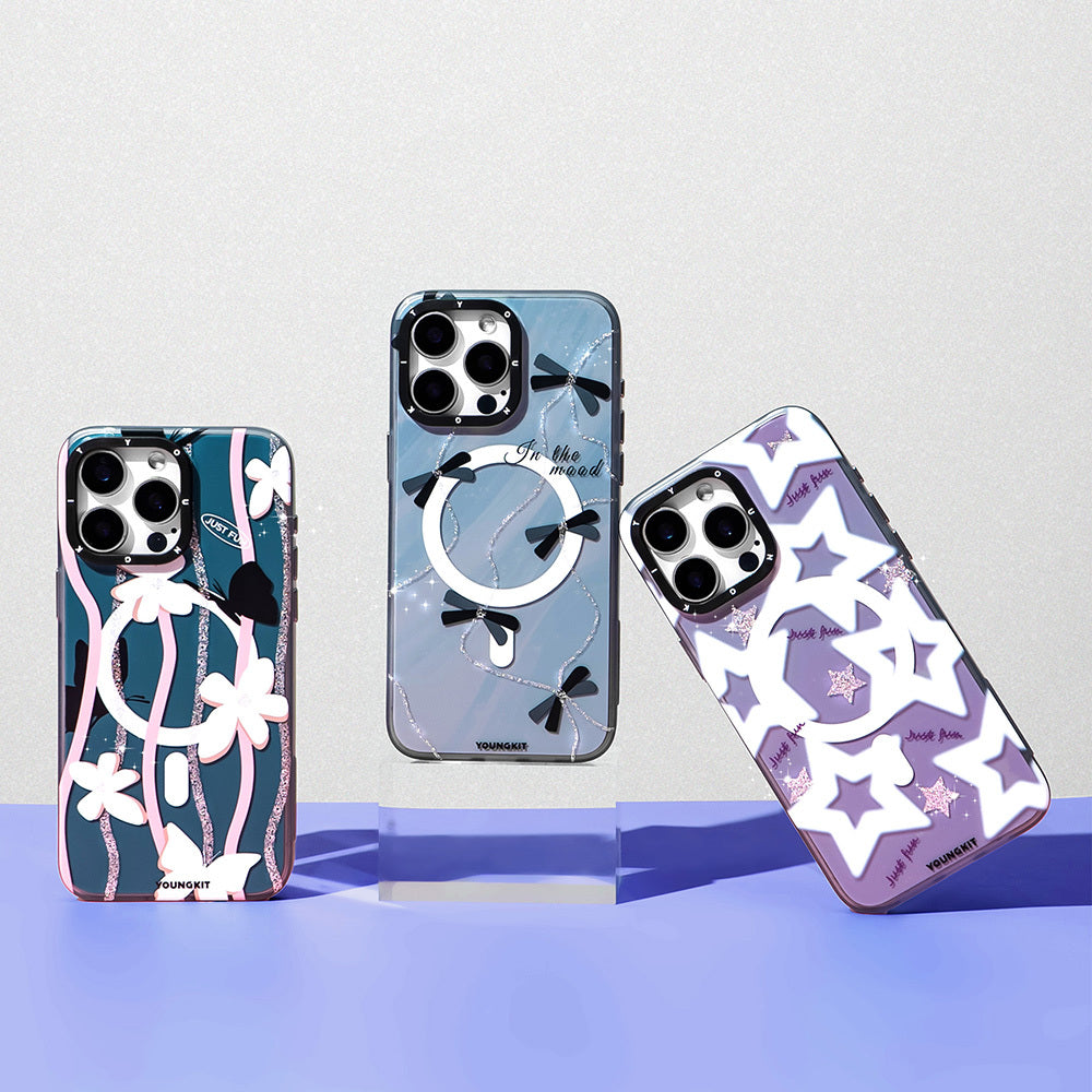 iPhone 15 Pro Kılıf M-safe Şarj Özellikli Airbagli Çift Katmanlı Youngkit Star&Butterfly Serisi Kılıf