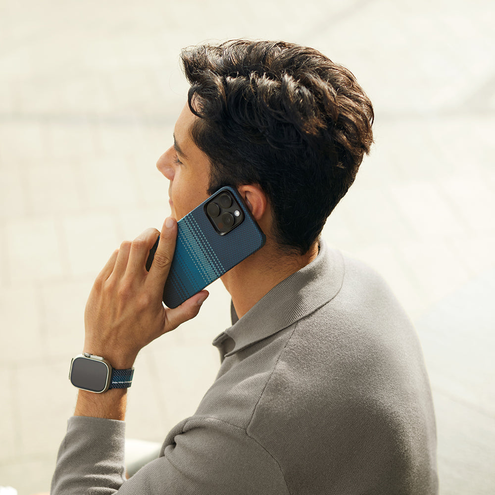 iPhone 15 Pro Kılıf M-safe Şarj Özellikli Aramid Karbon Fiber Pitaka Tactile Woven Sunset-Moonrise Serisi Moonrise Kılıf