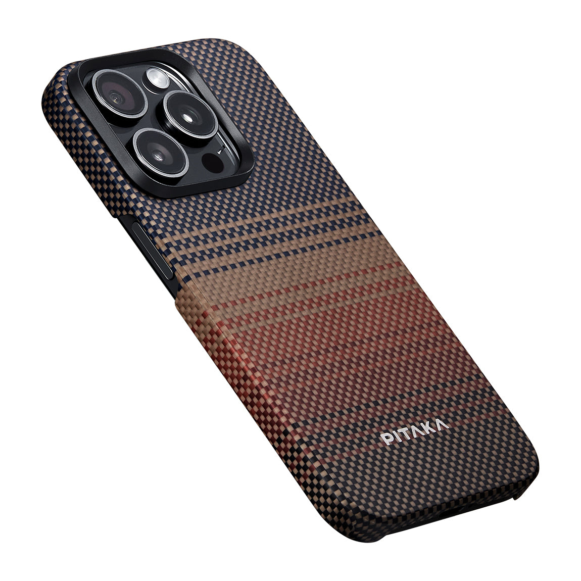 iPhone 15 Pro Kılıf M-safe Şarj Özellikli Aramid Karbon Fiber Pitaka Tactile Woven Sunset-Moonrise Serisi Sunset Kılıf