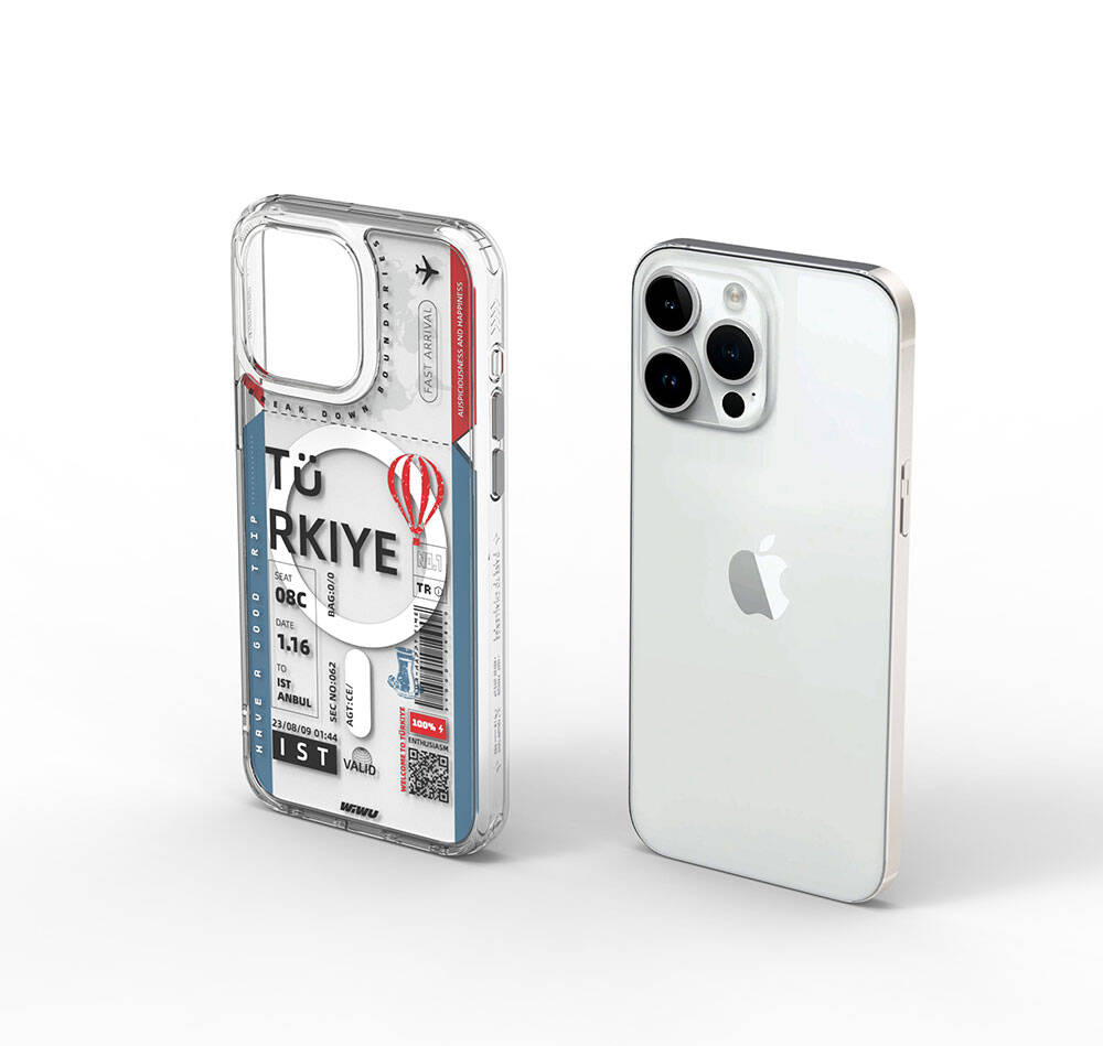 iPhone 15 Pro Kılıf M-safe Şarj Özellikli Bilet Desenli Wiwu Turkey B Serisi Kılıf