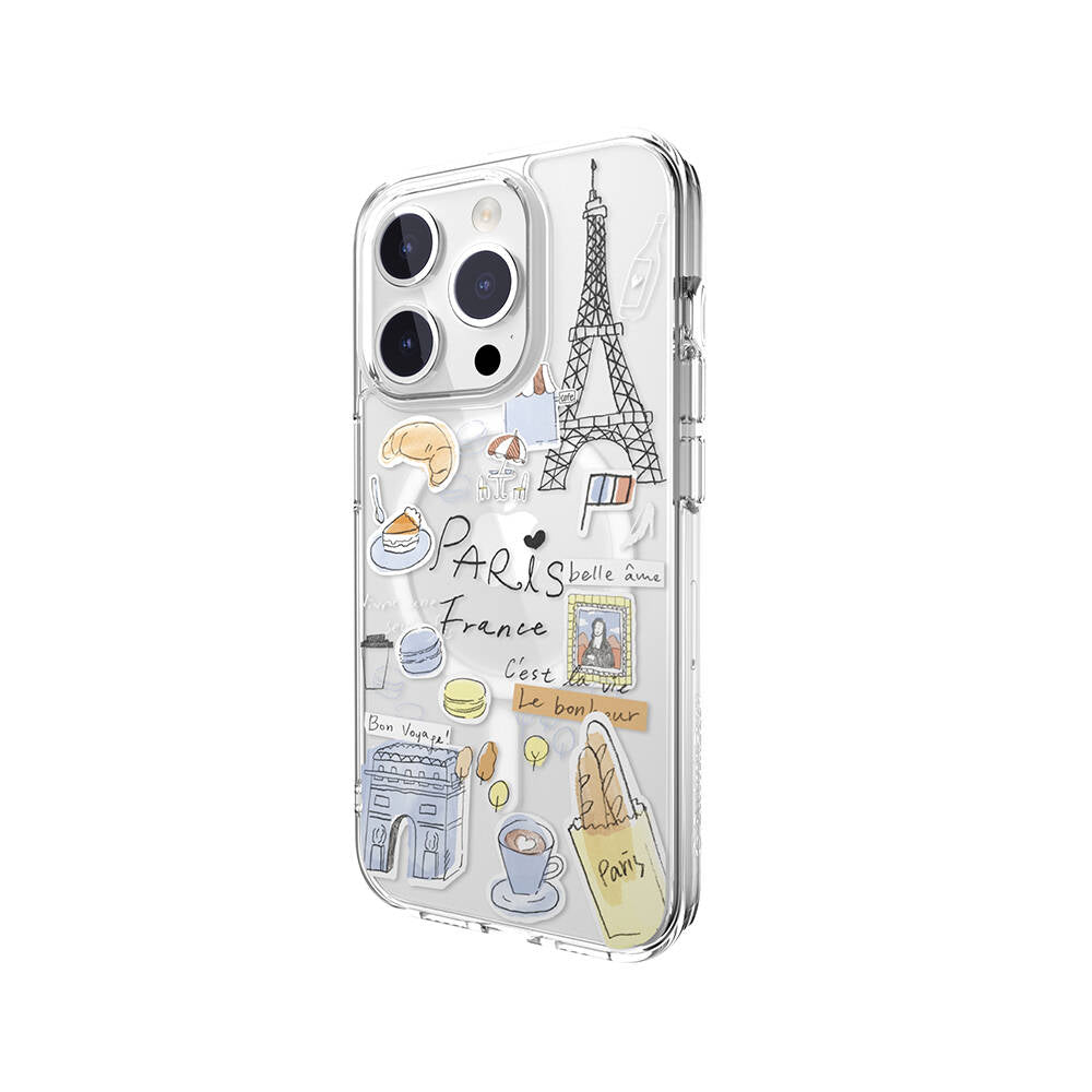 iPhone 15 Pro Kılıf M-safe Şarj Özellikli Çizim Desenli Şok Önleyicili Şeffaf Lisanslı Switcheasy City-M Paris Kılıf