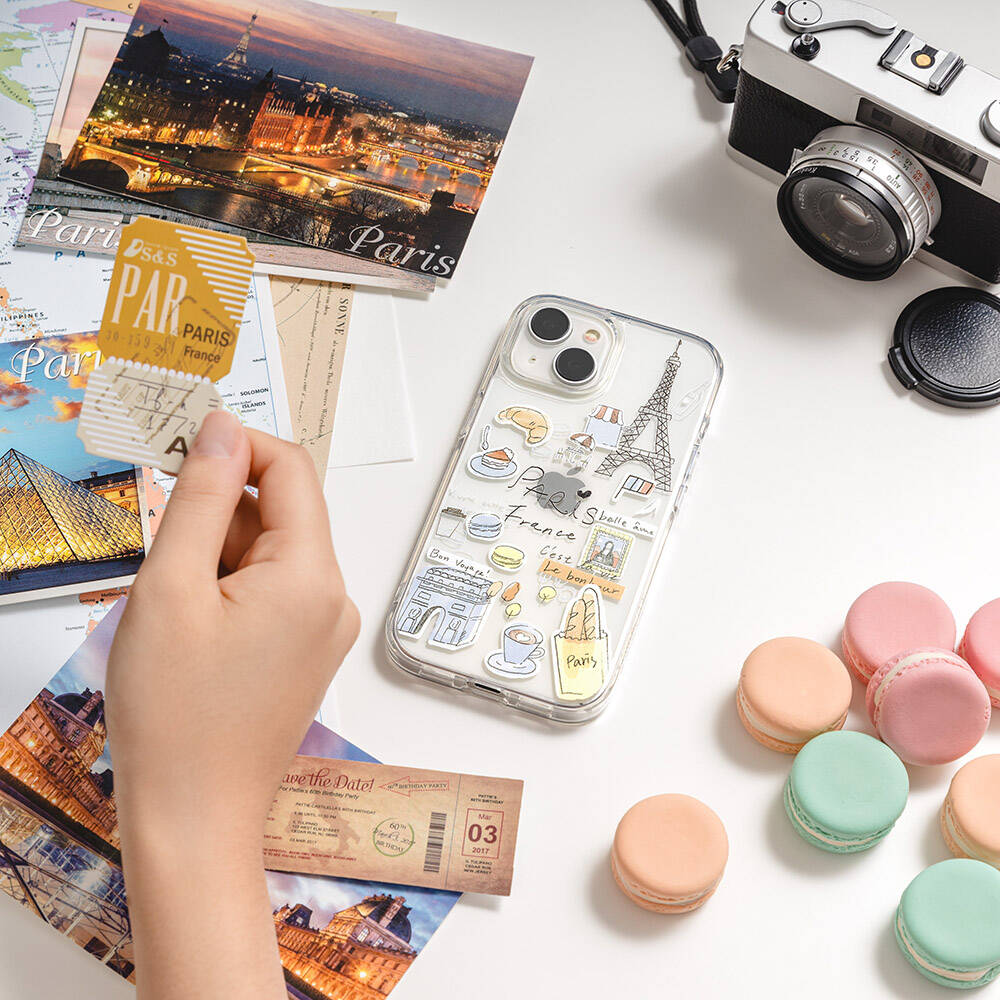 iPhone 15 Pro Kılıf M-safe Şarj Özellikli Çizim Desenli Şok Önleyicili Şeffaf Lisanslı Switcheasy City-M Paris Kılıf