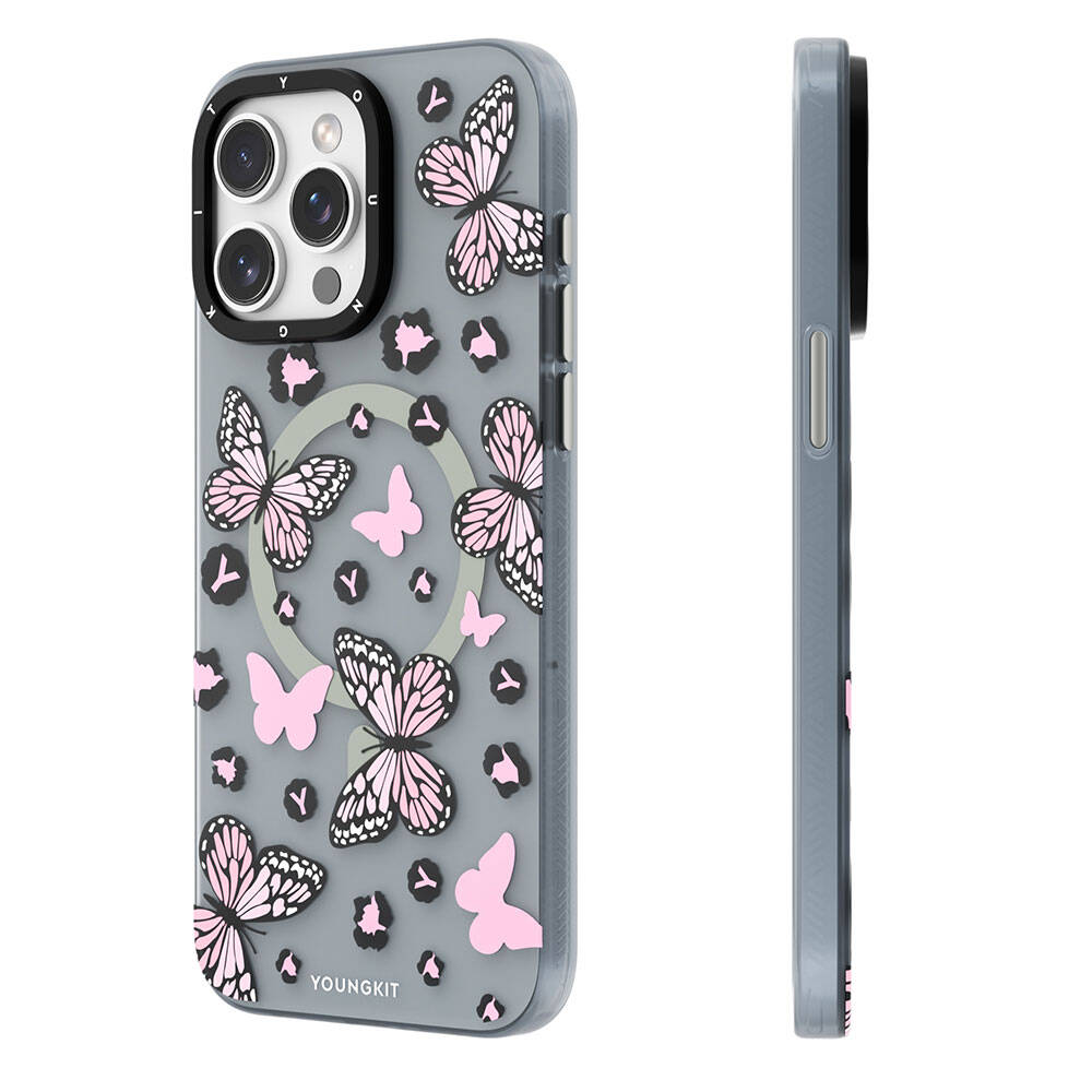iPhone 15 Pro Kılıf M-safe Şarj Özellikli Kelebek Desenli Youngkit Shadow Dance Serisi Kılıf