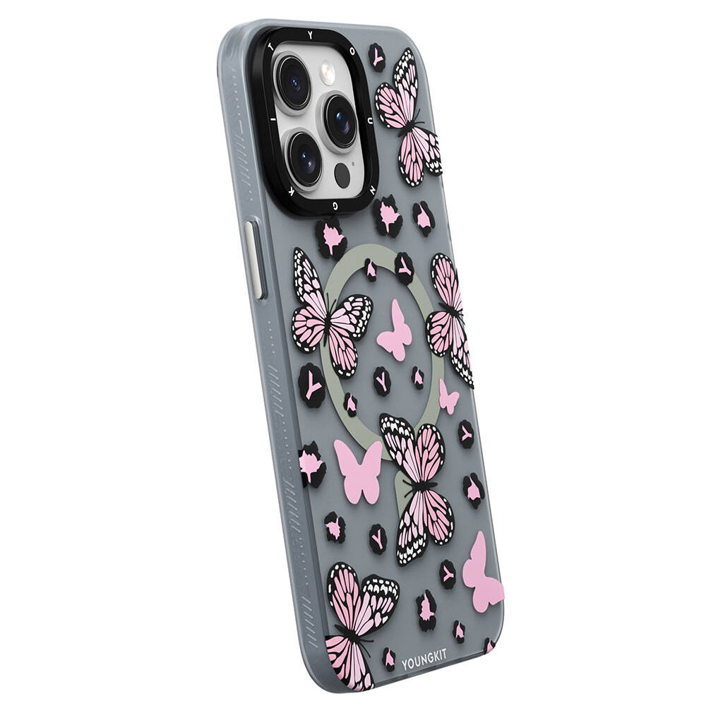 iPhone 15 Pro Kılıf M-safe Şarj Özellikli Kelebek Desenli Youngkit Shadow Dance Serisi Kılıf