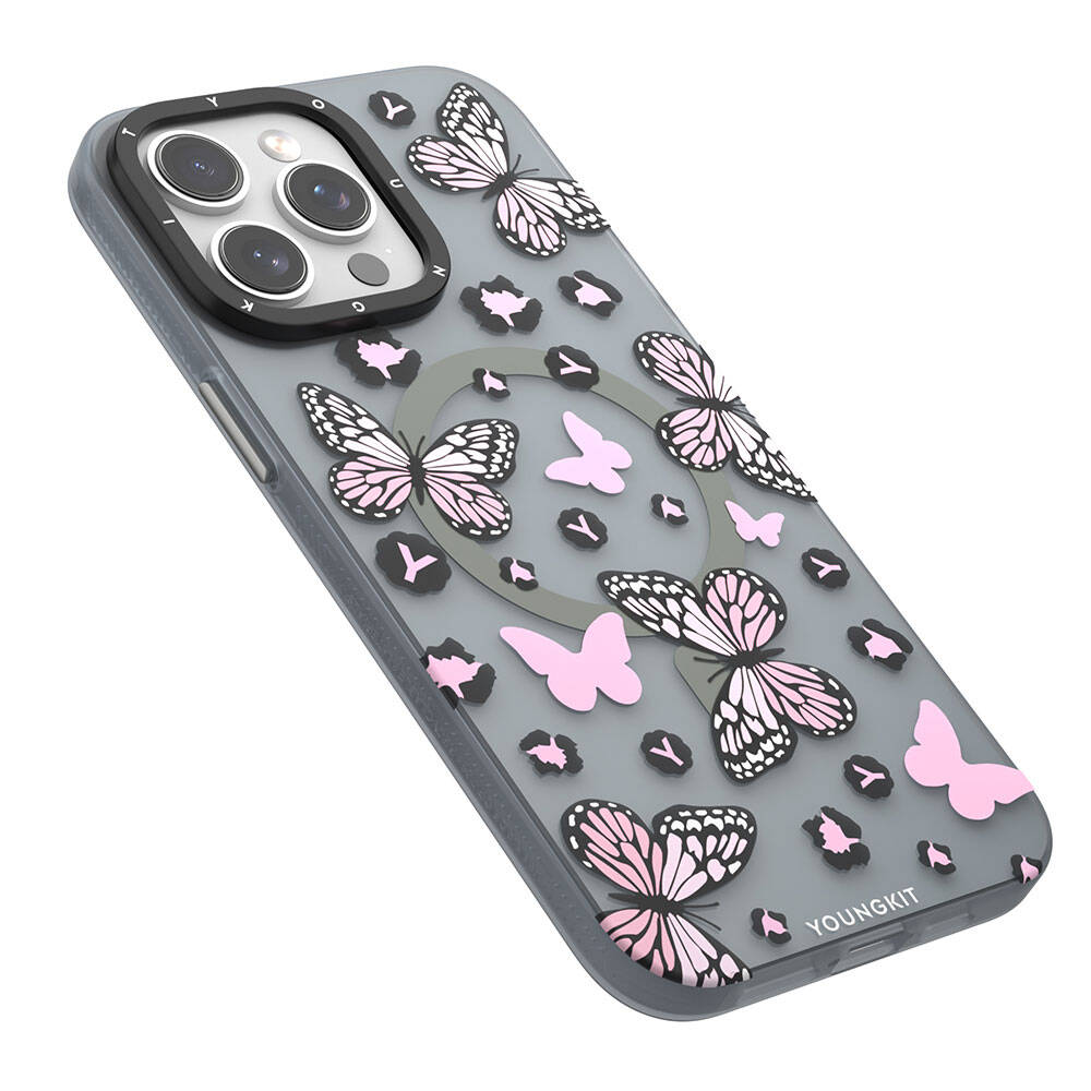 iPhone 15 Pro Kılıf M-safe Şarj Özellikli Kelebek Desenli Youngkit Shadow Dance Serisi Kılıf