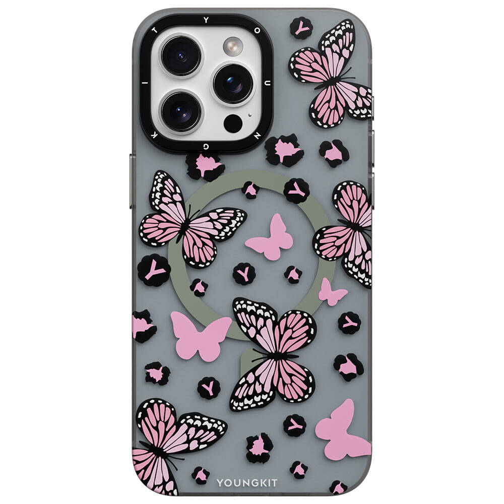 iPhone 15 Pro Kılıf M-safe Şarj Özellikli Kelebek Desenli Youngkit Shadow Dance Serisi Kılıf