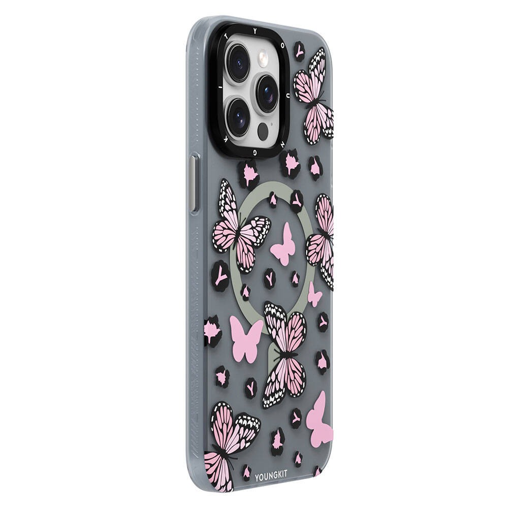 iPhone 15 Pro Kılıf M-safe Şarj Özellikli Kelebek Desenli Youngkit Shadow Dance Serisi Kılıf