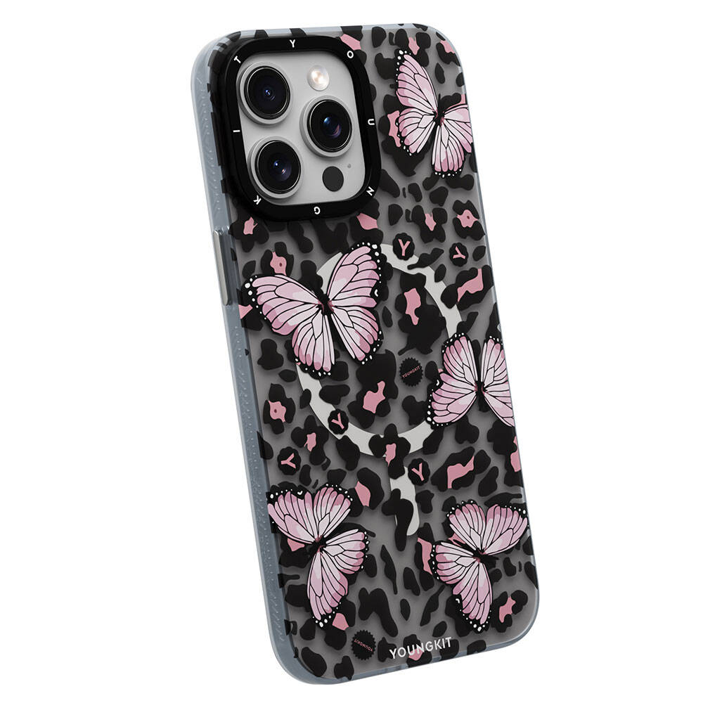 iPhone 15 Pro Kılıf M-safe Şarj Özellikli Kelebek Desenli Youngkit Shadow Dance Serisi Kılıf