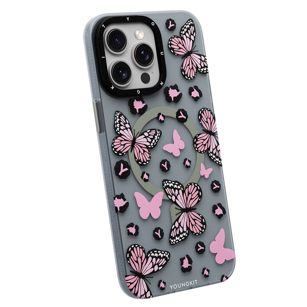 iPhone 15 Pro Kılıf M-safe Şarj Özellikli Kelebek Desenli Youngkit Shadow Dance Serisi Kılıf