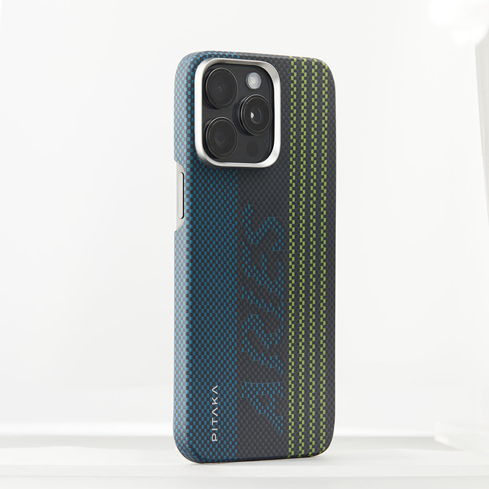 iPhone 15 Pro Kılıf M-safe Şarj Özellikli Lumintex Teknolojili Fosforlu Aramid Karbon Fiber Pitaka Tactile Woven Aries Serisi Kılıf