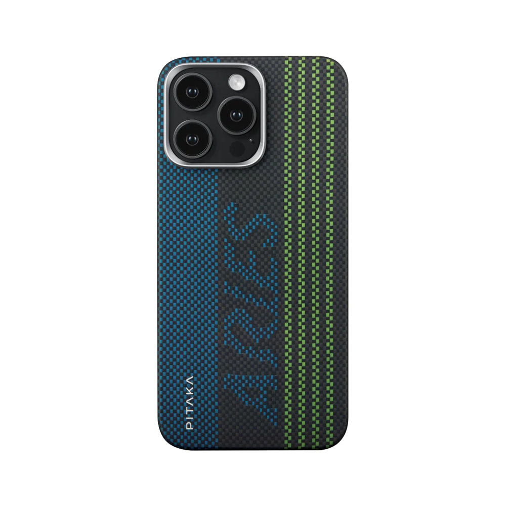 iPhone 15 Pro Kılıf M-safe Şarj Özellikli Lumintex Teknolojili Fosforlu Aramid Karbon Fiber Pitaka Tactile Woven Aries Serisi Kılıf