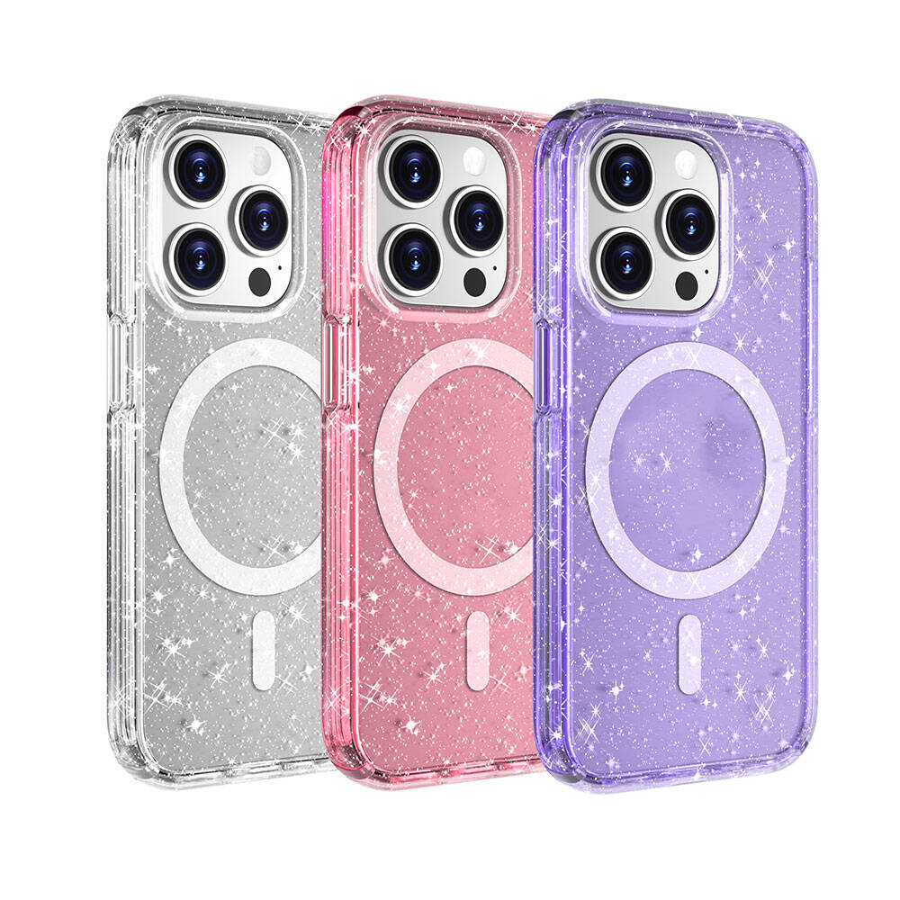 iPhone 15 Pro Kılıf M-safe Şarj Özellikli Parlayan Simli Saydam Renkli Zore Allstar Kılıf