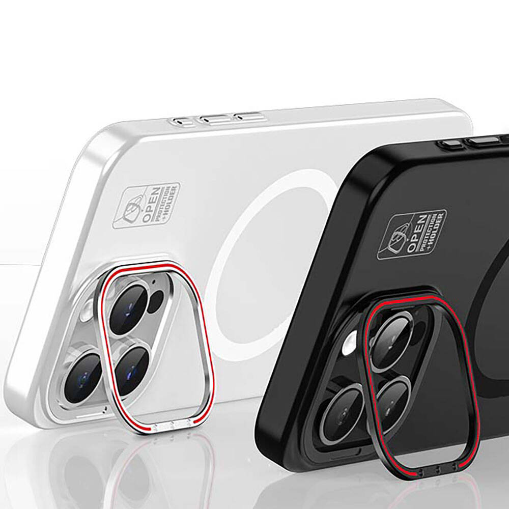 iPhone 15 Pro Kılıf M-safe Şarj Özellikli Standlı Metal Kamera Çerçeveli Mat Recci Glaze Serisi Kılıf