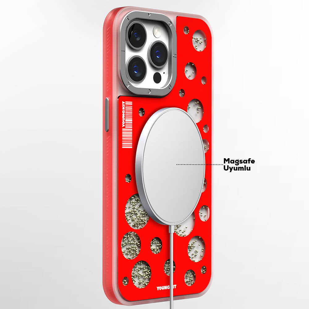 iPhone 15 Pro Kılıf M-safe Şarj Özellikli Youngkit Quicksand Beads Serisi Kılıf