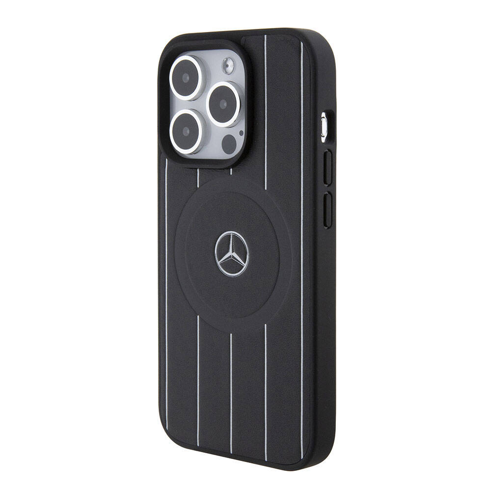 iPhone 15 Pro Kılıf Mercedes Benz Orijinal Lisanslı M-safe Şarj Özellikli Baskı Logolu Paralel Çizgi Desenli Deri Kılıf
