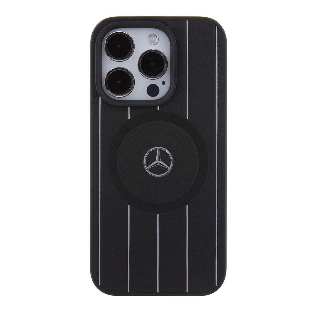 iPhone 15 Pro Kılıf Mercedes Benz Orijinal Lisanslı M-safe Şarj Özellikli Baskı Logolu Paralel Çizgi Desenli Deri Kılıf