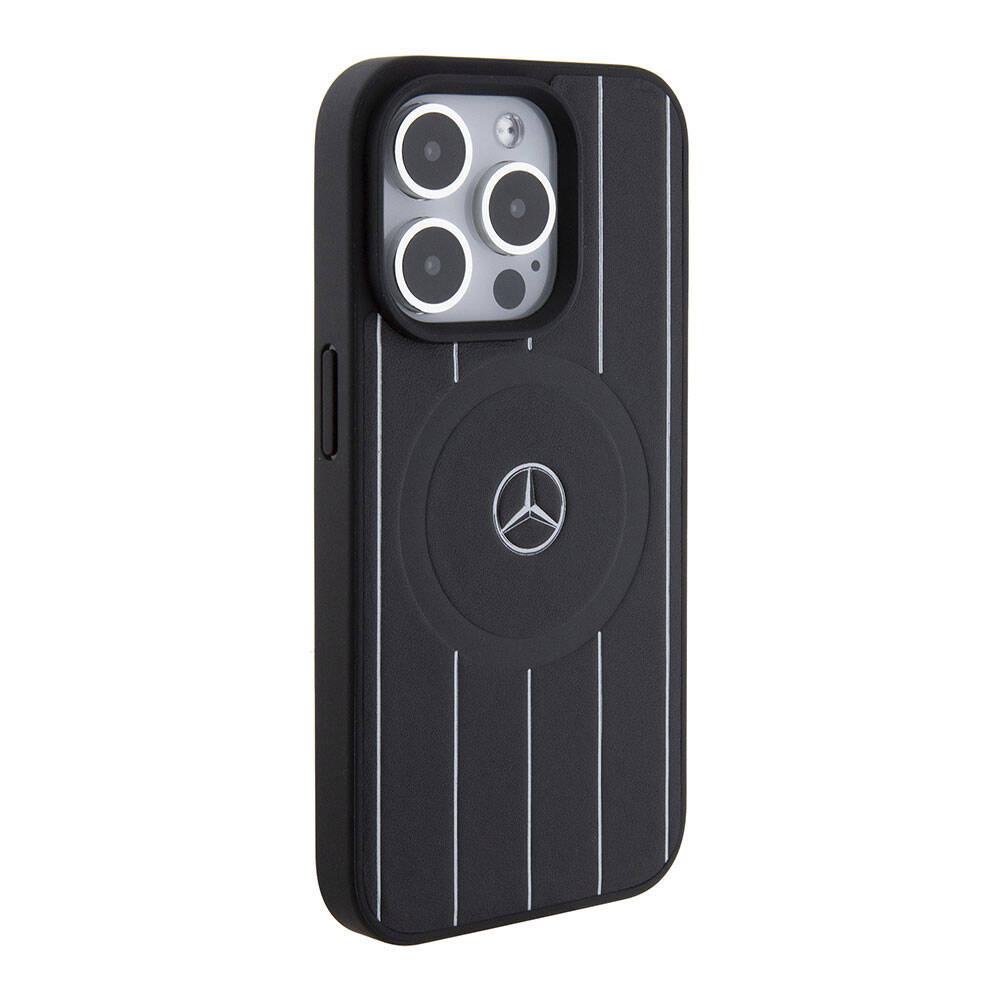 iPhone 15 Pro Kılıf Mercedes Benz Orijinal Lisanslı M-safe Şarj Özellikli Baskı Logolu Paralel Çizgi Desenli Deri Kılıf