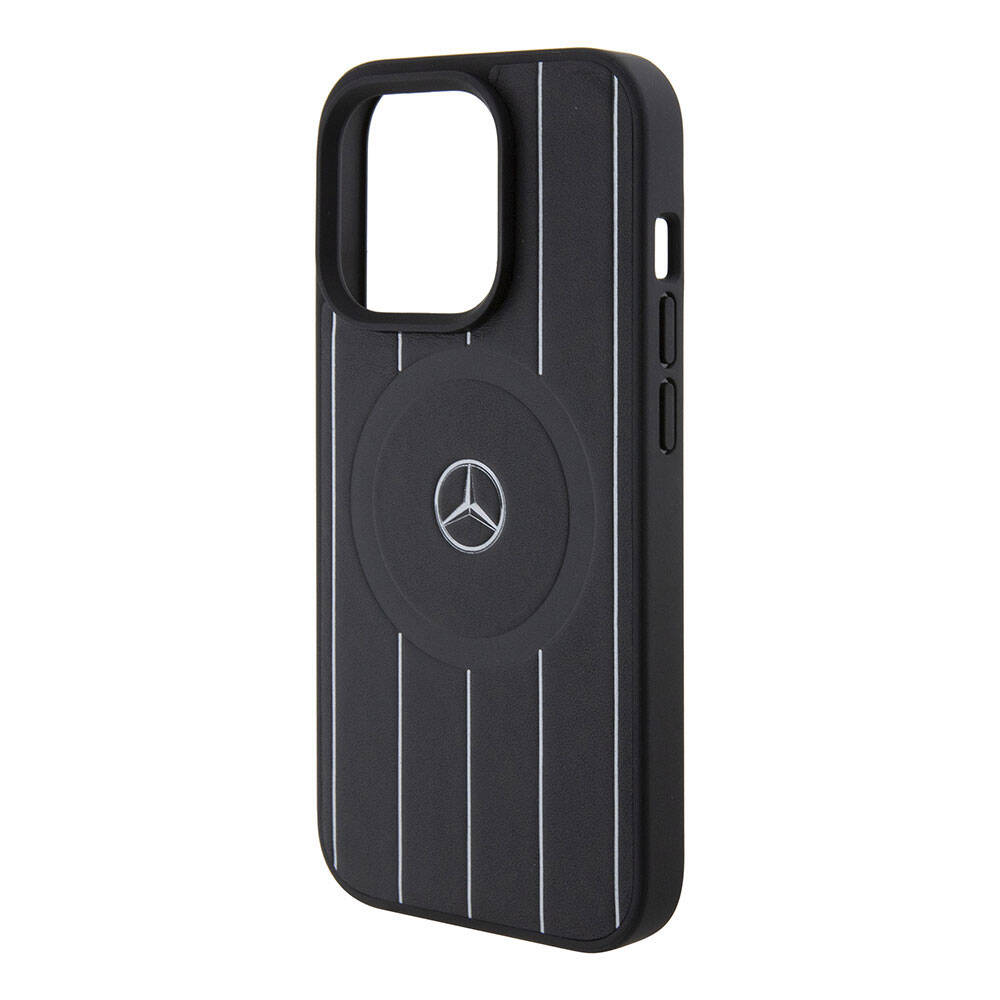 iPhone 15 Pro Kılıf Mercedes Benz Orijinal Lisanslı M-safe Şarj Özellikli Baskı Logolu Paralel Çizgi Desenli Deri Kılıf