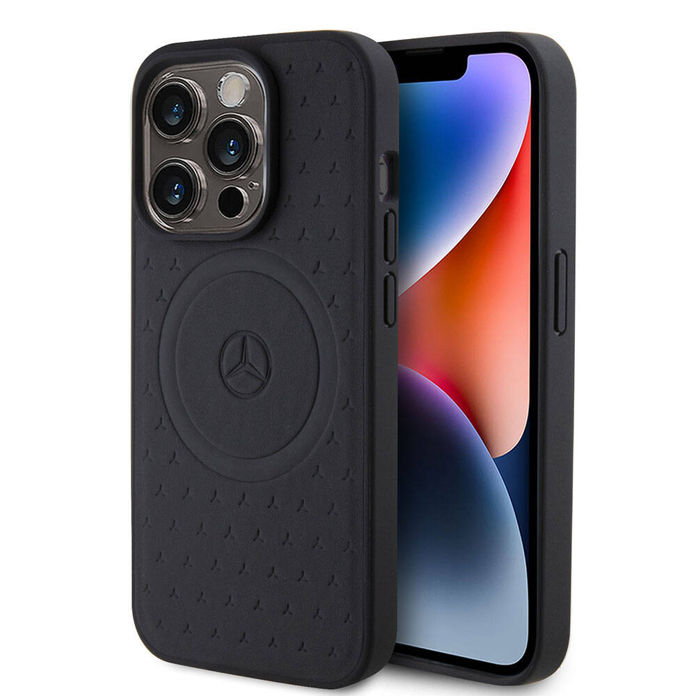 iPhone 15 Pro Kılıf Mercedes Benz Orijinal Lisanslı M-safe Şarj Özellikli Mühürlü Yıldız Desenli ve Logolu Deri Kılıf