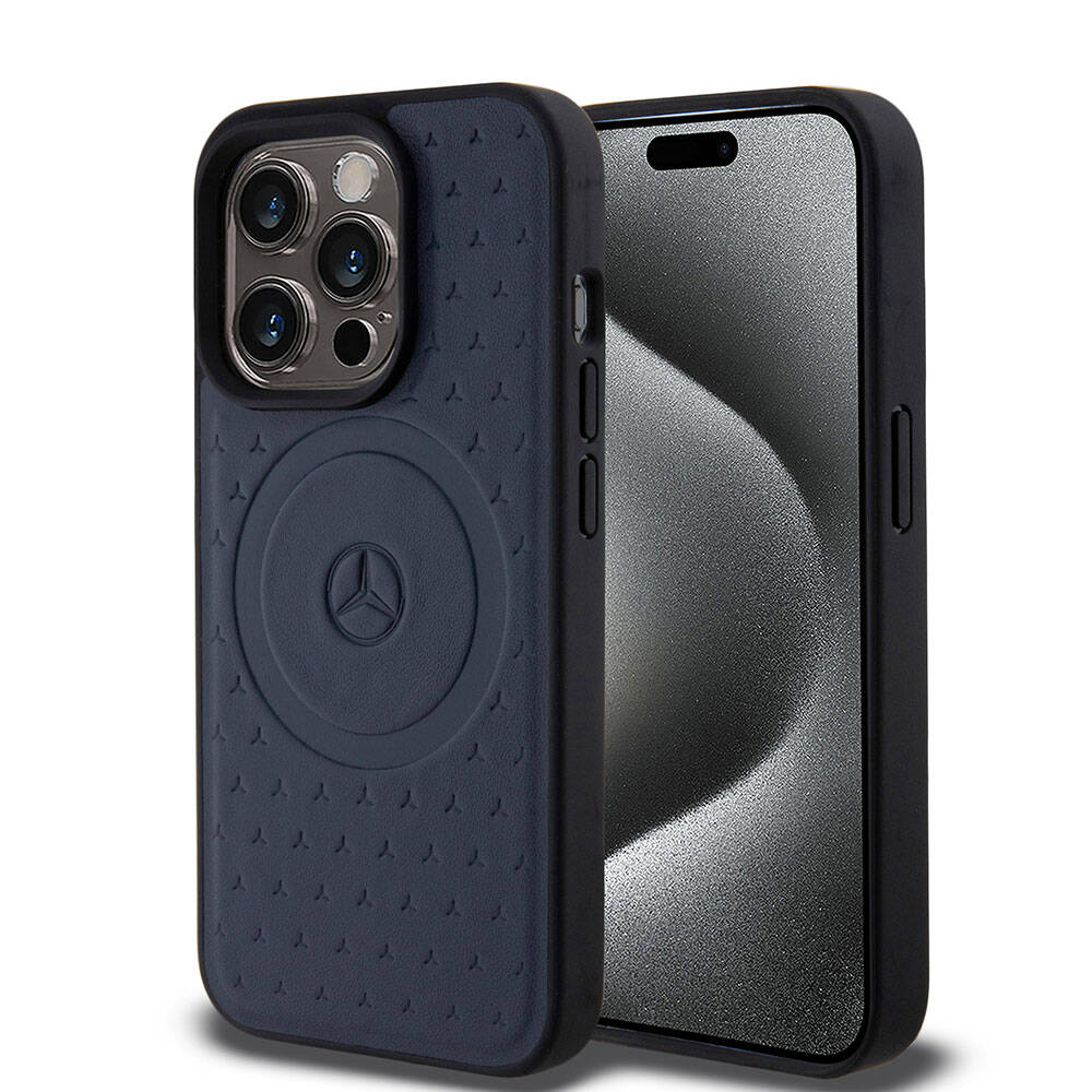 iPhone 15 Pro Kılıf Mercedes Benz Orijinal Lisanslı M-safe Şarj Özellikli Mühürlü Yıldız Desenli ve Logolu Deri Kılıf
