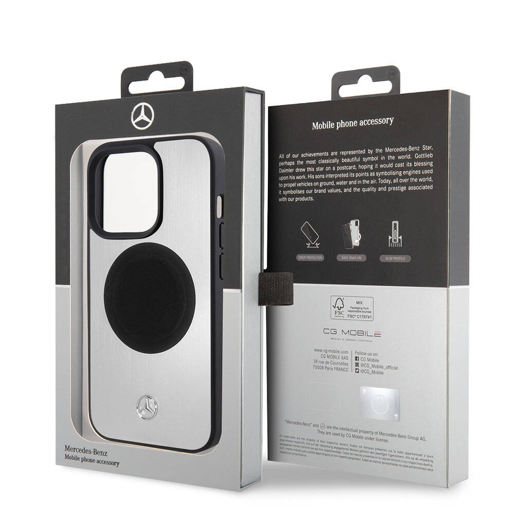 iPhone 15 Pro Kılıf Mercedes Benz orijinal Lisanslı M-safe Şarj Özellikli Alüminyum Arka Yüzey Metal Yıldız Logolu Kılıf