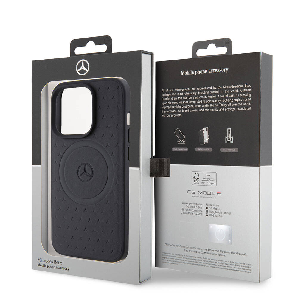 iPhone 15 Pro Kılıf Mercedes Benz OrijinalLisanslı M-safe Şarj Özellikli Mühürlü Yıldız Desenli ve Logolu Deri Kılıf