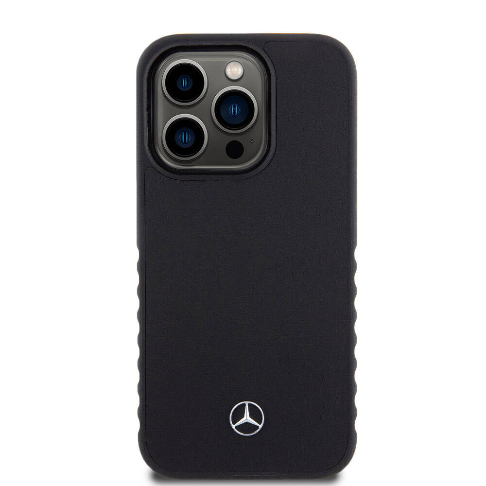 iPhone 15 Pro Kılıf Mercedes Benz OrijinalLisanslı Tırtıklı Kenar Tasarımlı Metal Yıldız Logolu Pürüzsüz Hakiki Deri Kılıf