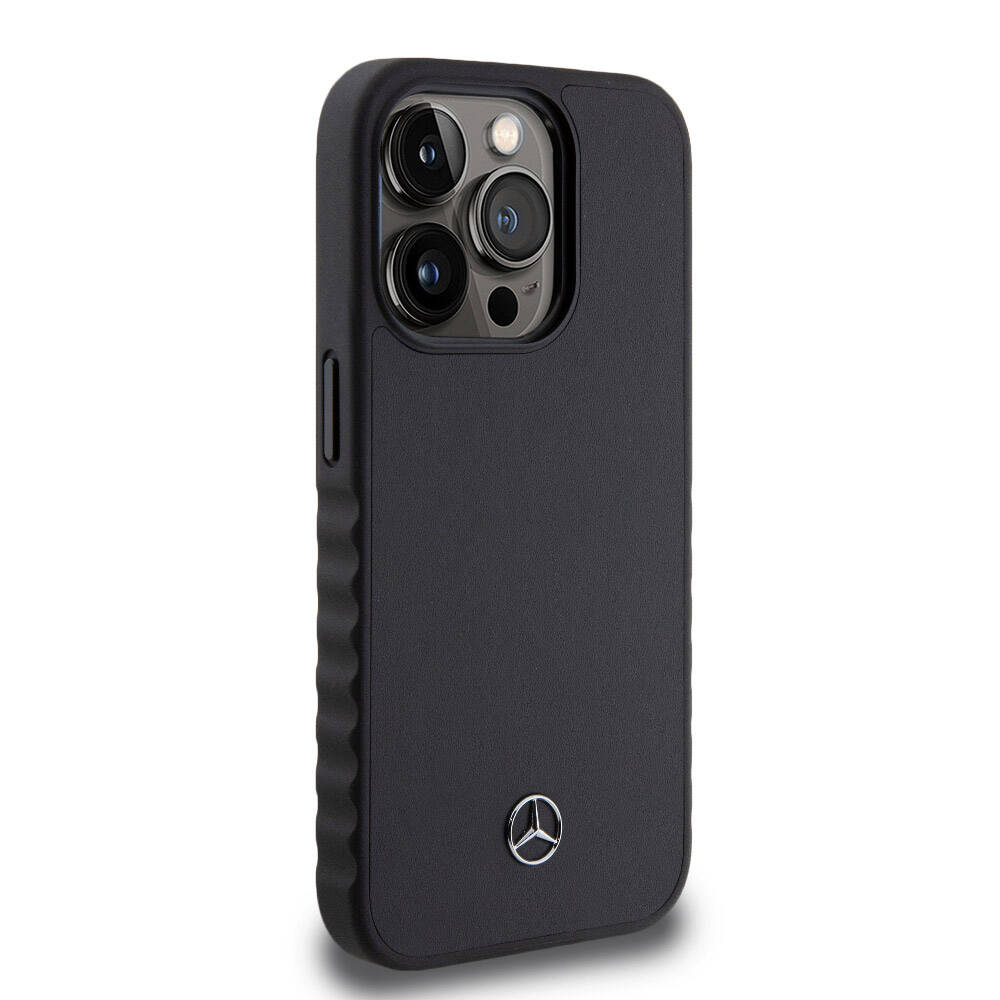 iPhone 15 Pro Kılıf Mercedes Benz OrijinalLisanslı Tırtıklı Kenar Tasarımlı Metal Yıldız Logolu Pürüzsüz Hakiki Deri Kılıf
