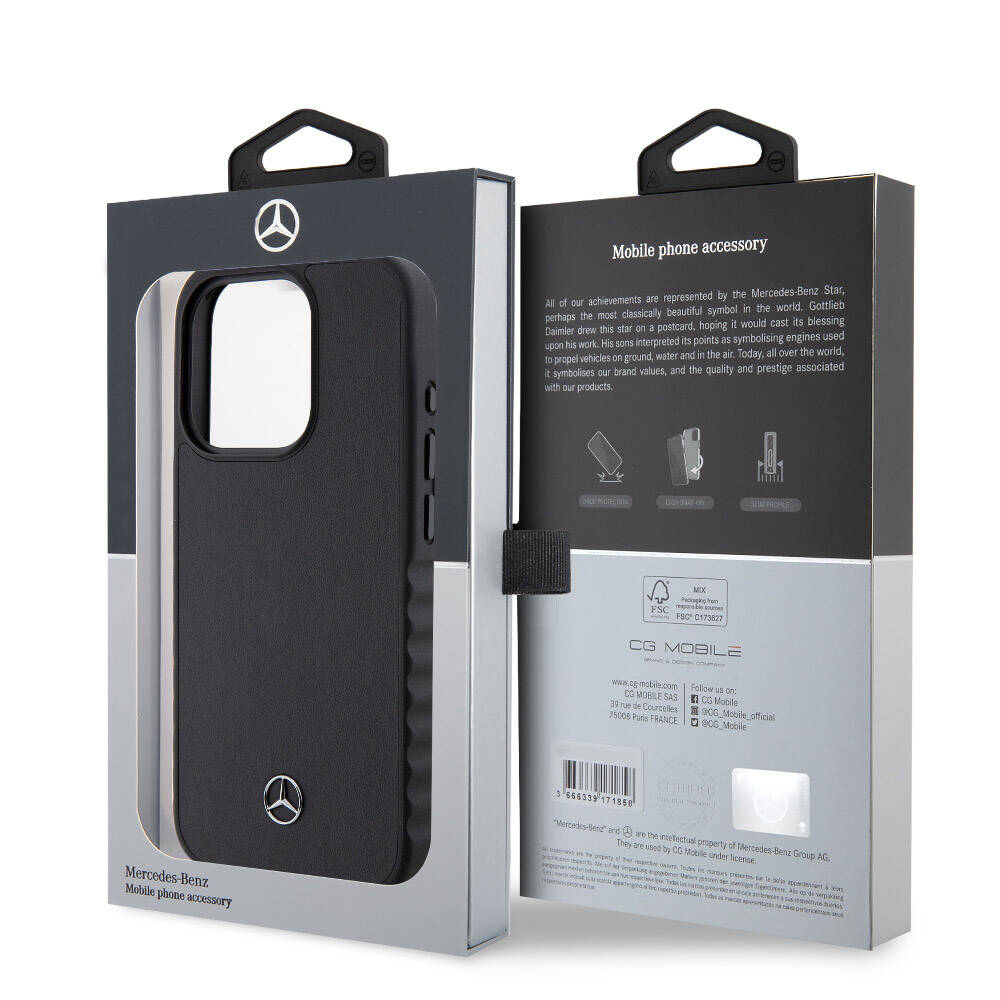 iPhone 15 Pro Kılıf Mercedes Benz OrijinalLisanslı Tırtıklı Kenar Tasarımlı Metal Yıldız Logolu Pürüzsüz Hakiki Deri Kılıf