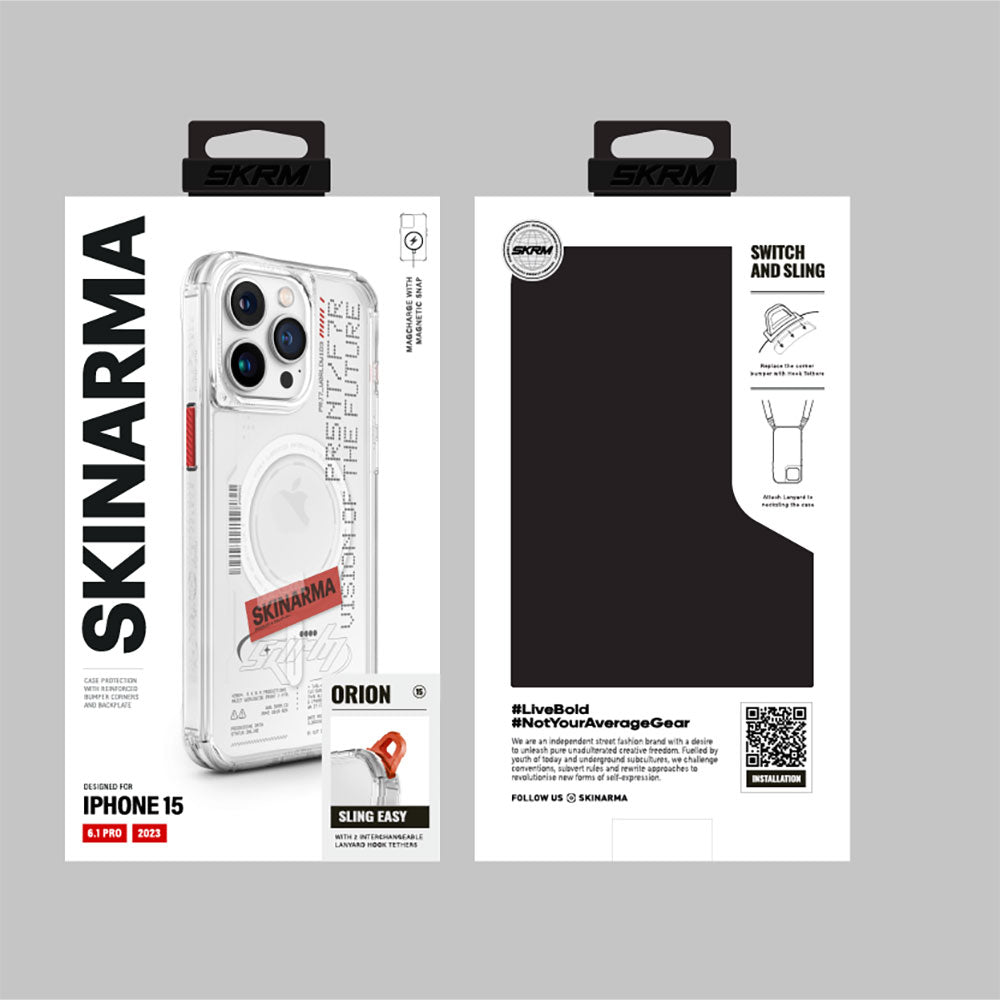 iPhone 15 Pro Kılıf SkinArma M-safe Şarj Özellikli Yazı Desenli Airbag Tasarımlı Orion Kılıf